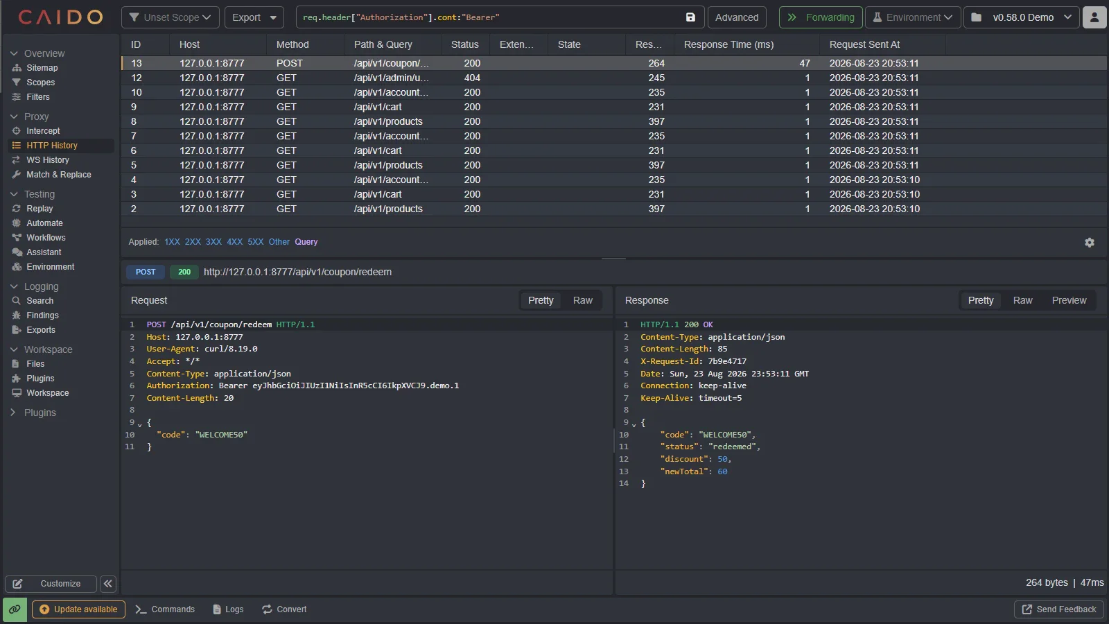 HTTP History filtered by an Authorization header with the matching request visible