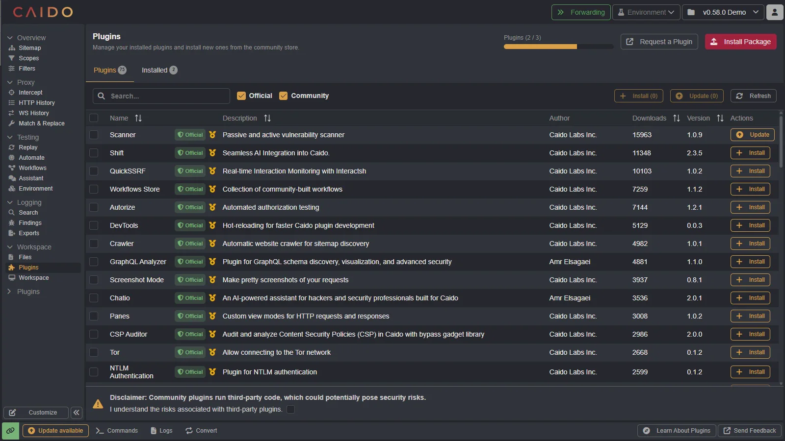 The rebuilt Plugins page with Official badges, quality ratings, filters, and plugin metadata