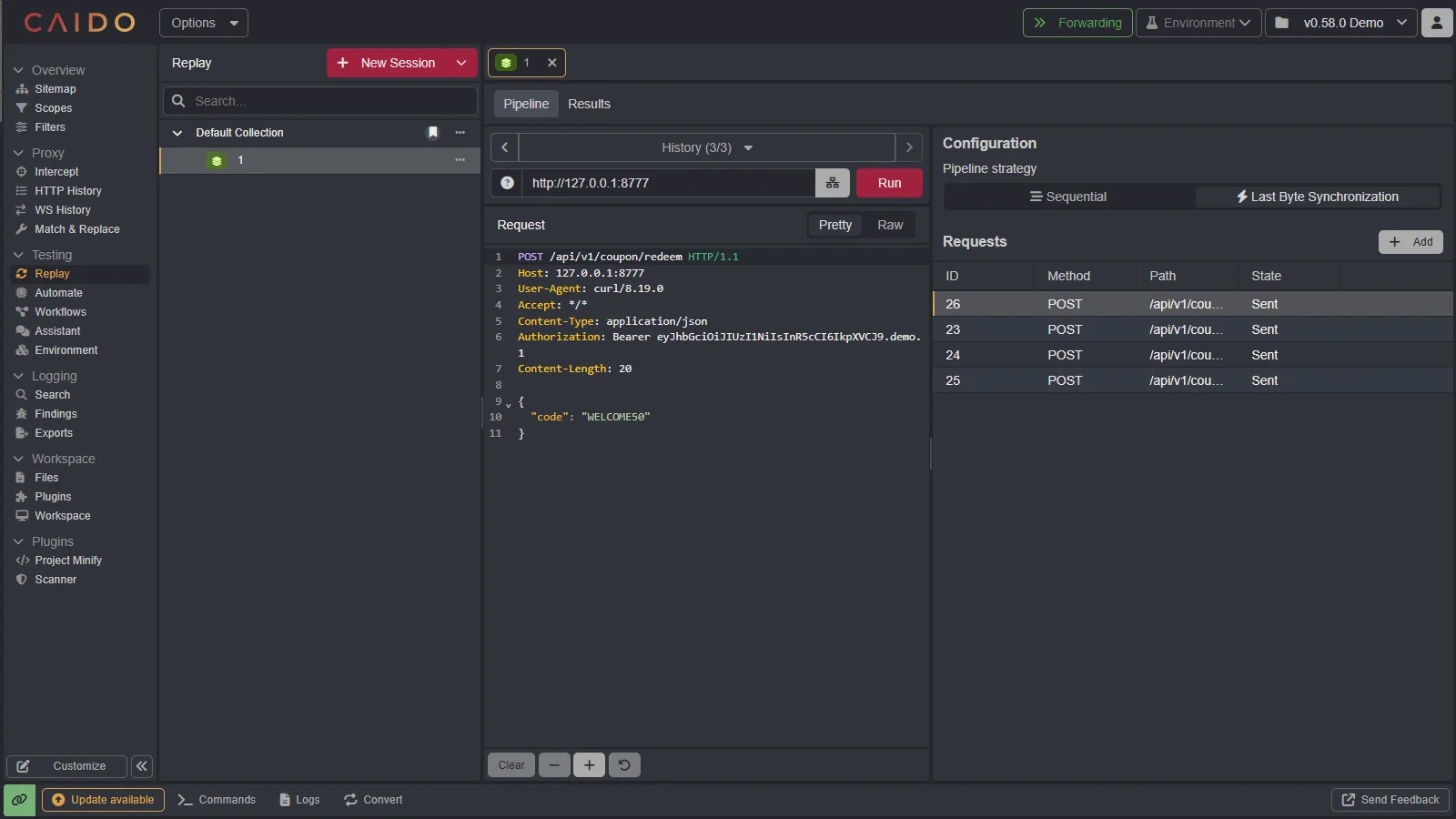 A Pipeline session in Replay with Sequential and Last Byte Synchronization strategies