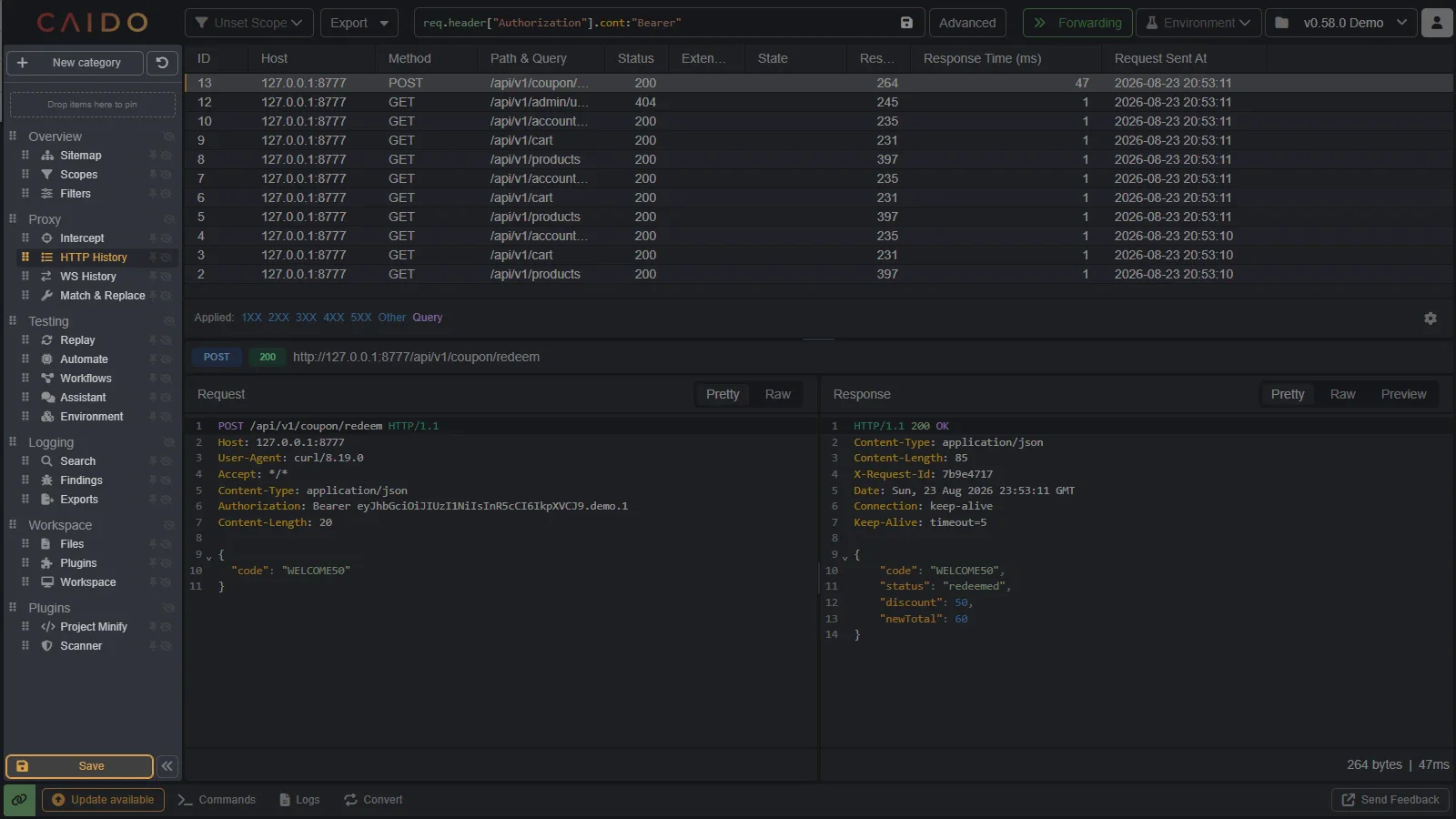 Caido sidebar customization with drag handles, pin and hide controls, and a New category action
