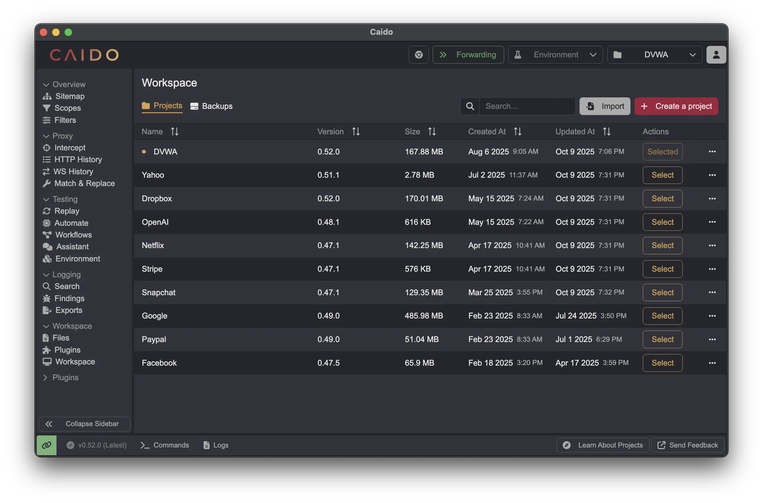 Caido project management interface